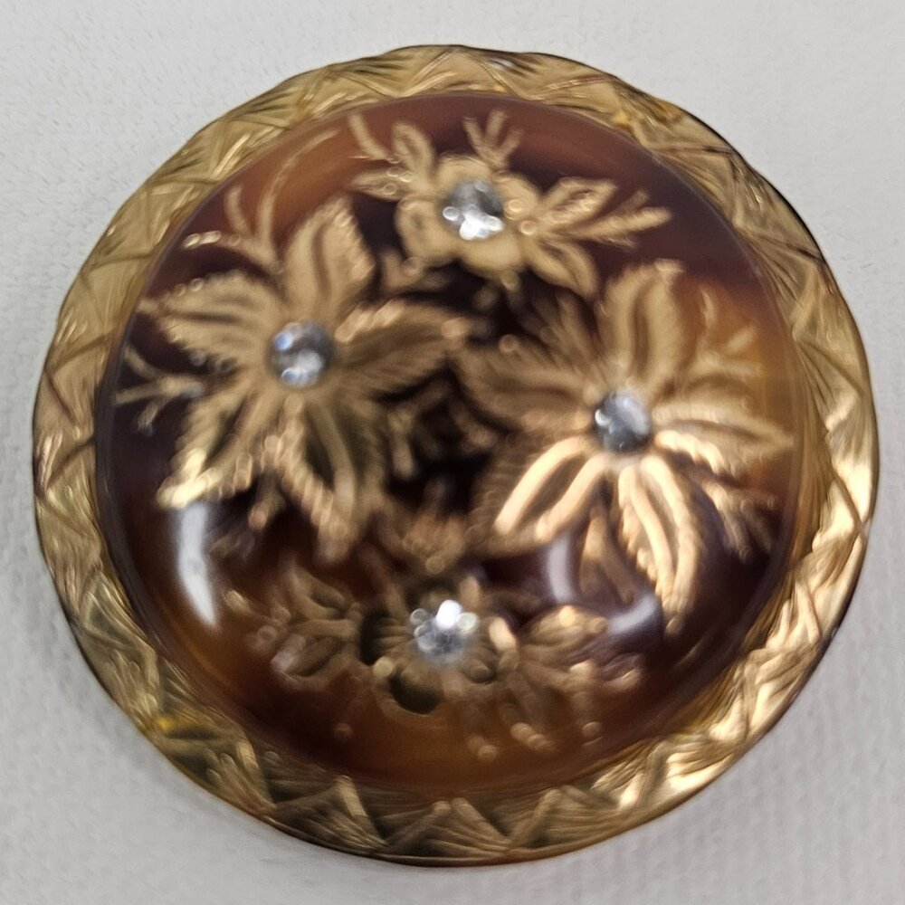 Gold Brown Tone Lucite Floral Brooch Clear Rhinestone Push-Pull Safety Trombone